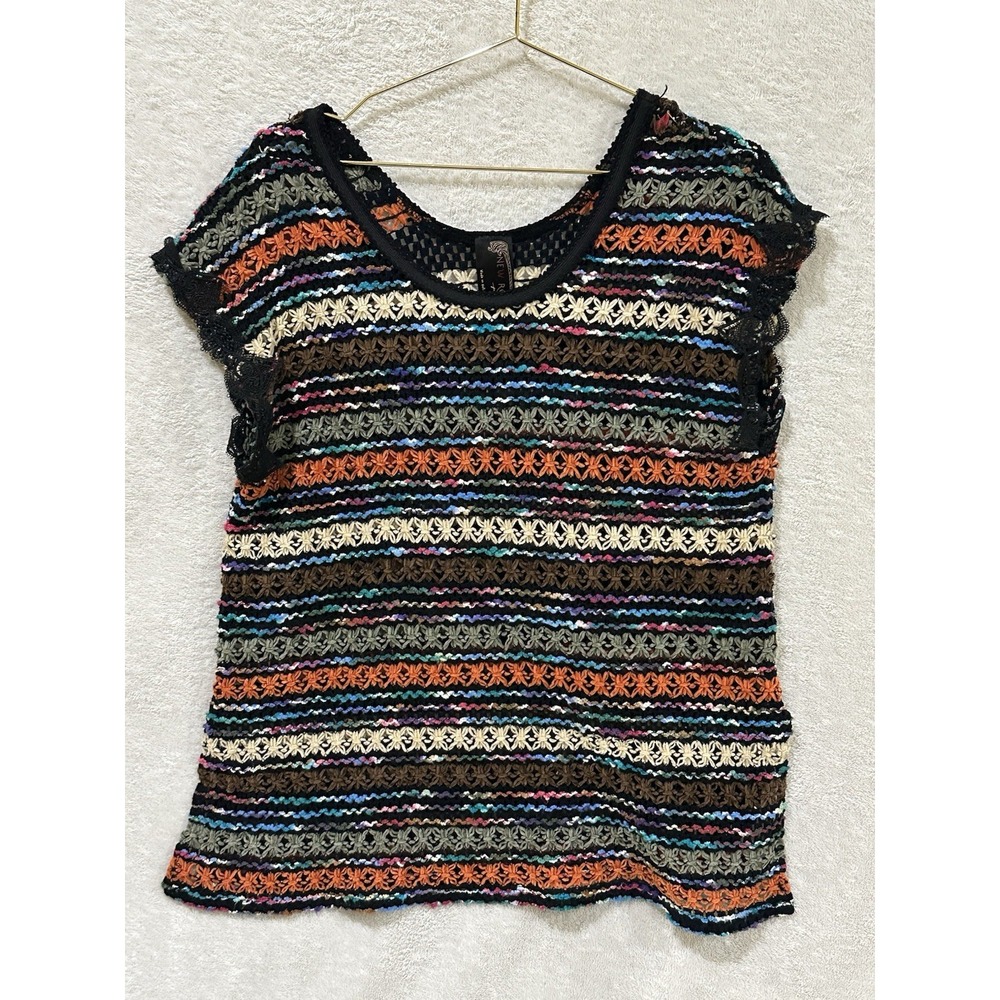 Free People New Romantics Crochet Top Medium Rainbow Stripe Lace Knit Boho Sheer